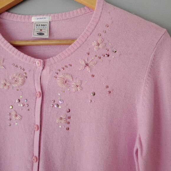 Old Navy Pink Floral Sequin Long Sleeve Button Up Cardigan Sweater Womens Medium - Picture 4 of 8